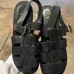Zara Black Woven Leather Fisherman Sandals